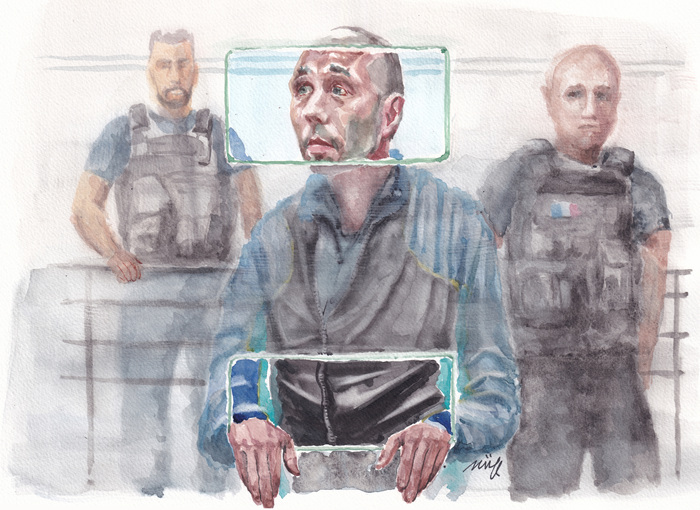 Dessin de Cédric Jubillar à son procès, entouré de deux policiers